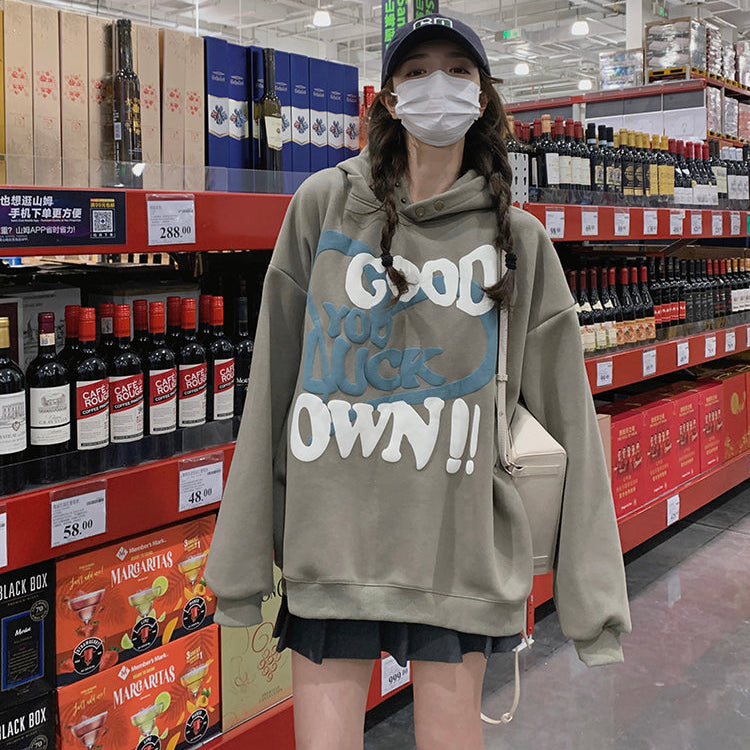 GOOD LUCK美式復古加絨連帽衛衣-25629