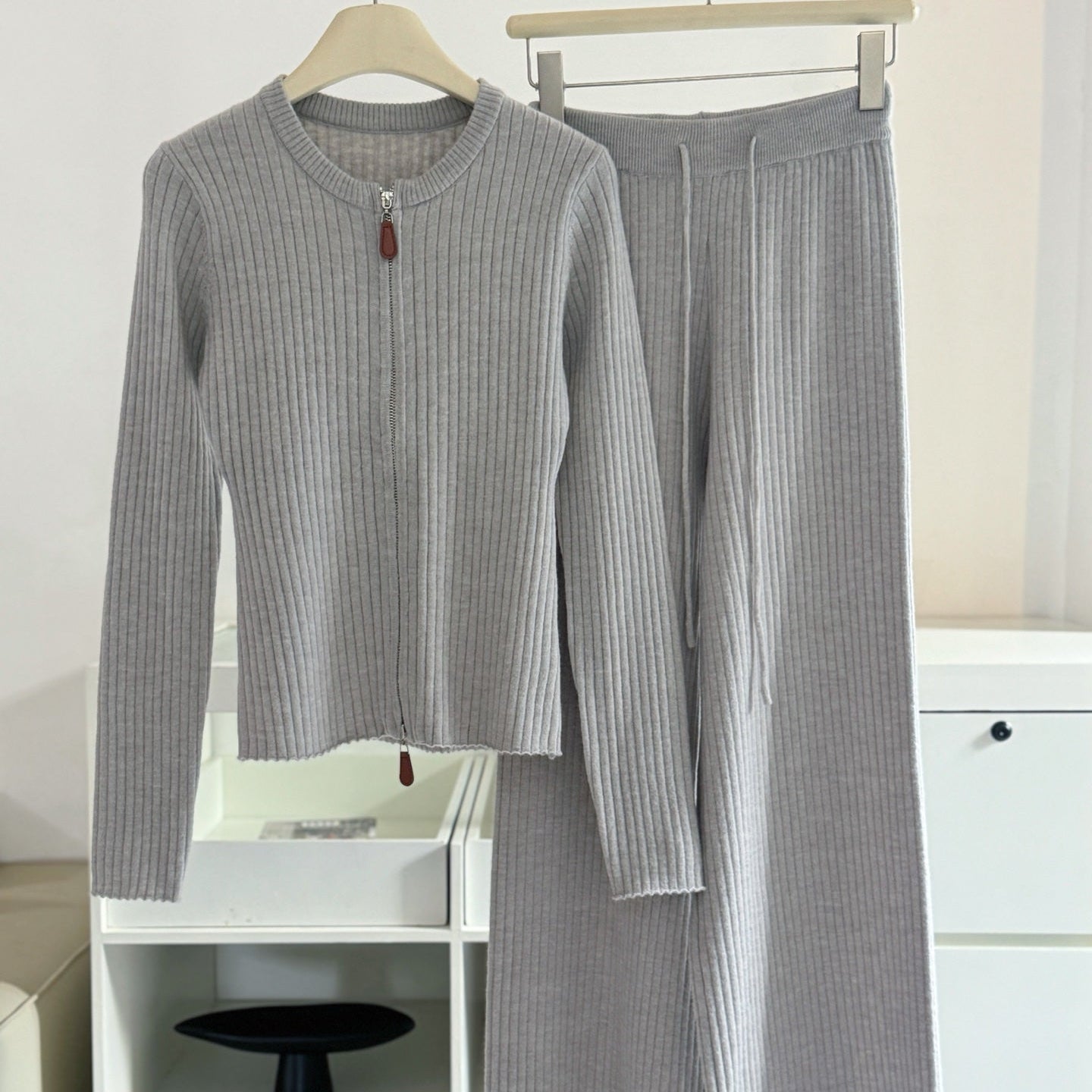 拉鍊坑條針織外套鬆緊高腰直筒長褲套裝-25676