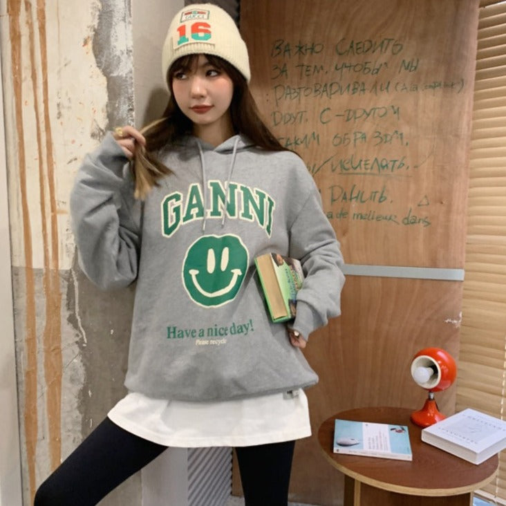 灰色笑臉加絨連帽衛衣-23680