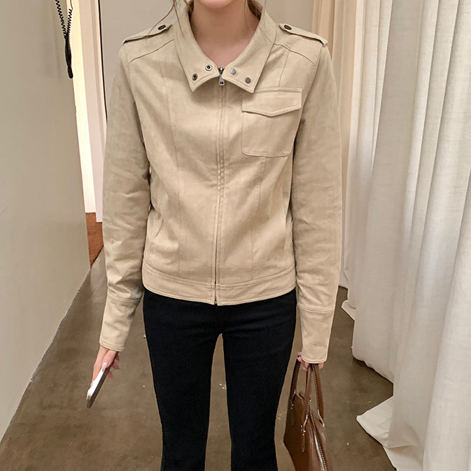 美式懷舊牛皮絨短夾克-25651