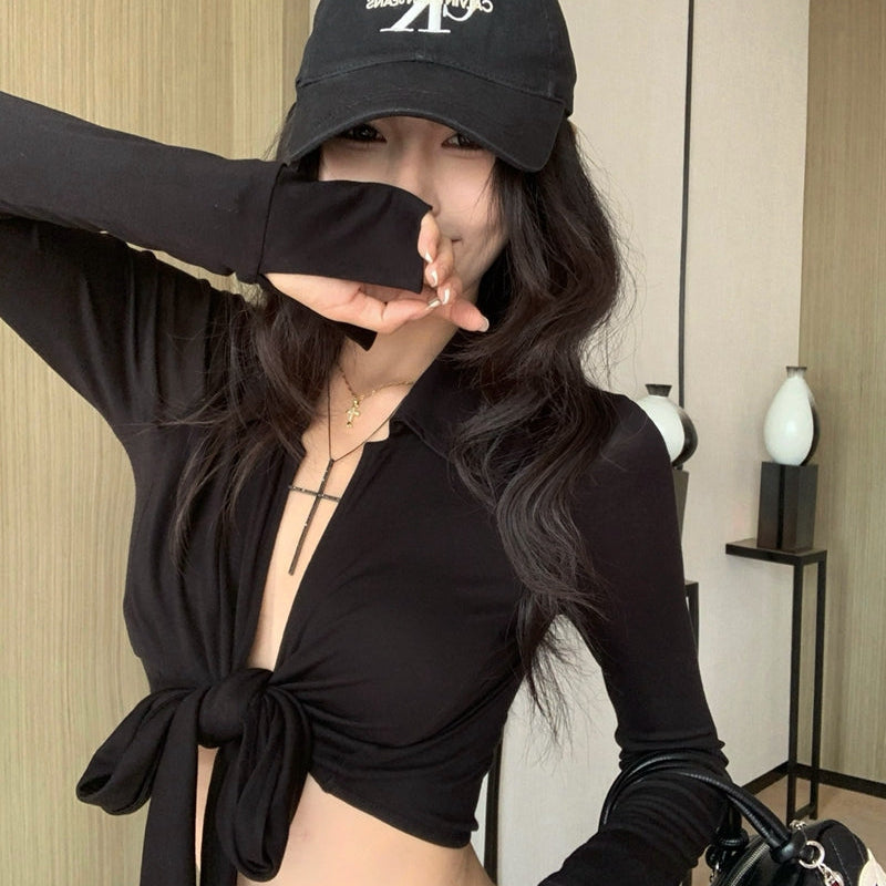 蝴蝶結綁帶露臍開衫上衣-25466