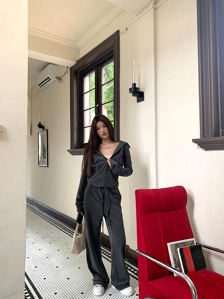 深灰絨面連帽外套垂感直筒褲兩件套-25630