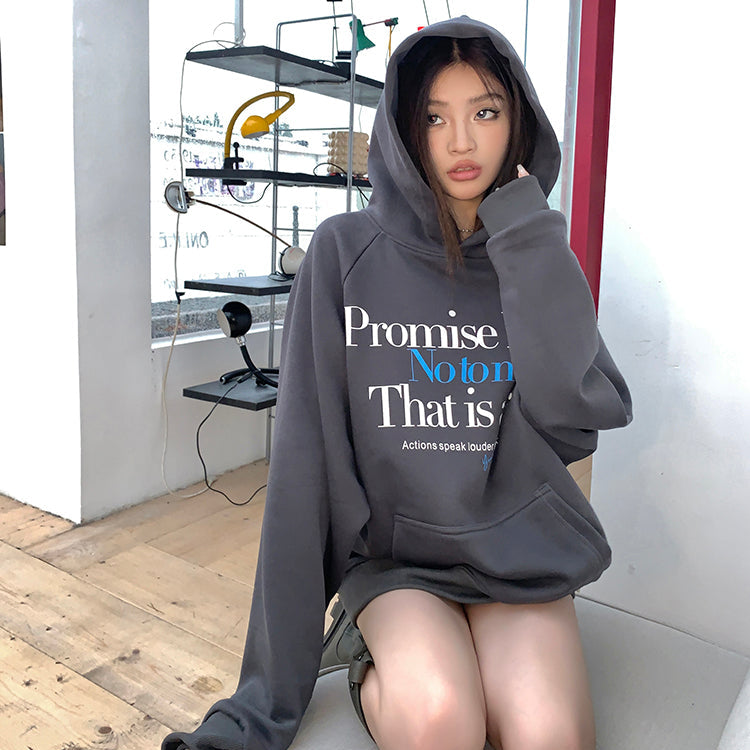 Promise Me深灰加絨連帽衛衣-25633