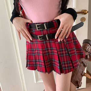 陷阱少女紅格紋雙皮帶迷你百褶裙-25154