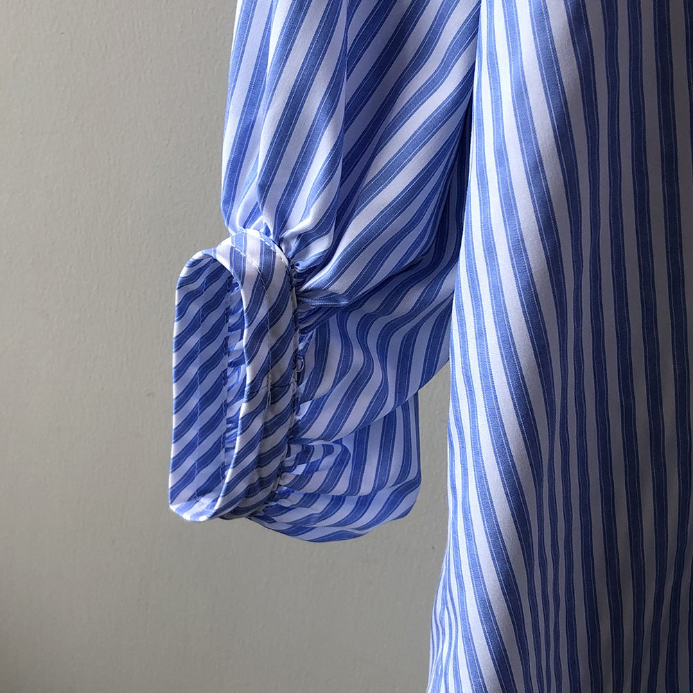 藍白直紋立領修身襯衫-23396