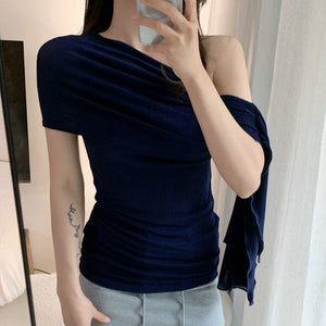 女人香深藍飄帶露肩上衣-25578