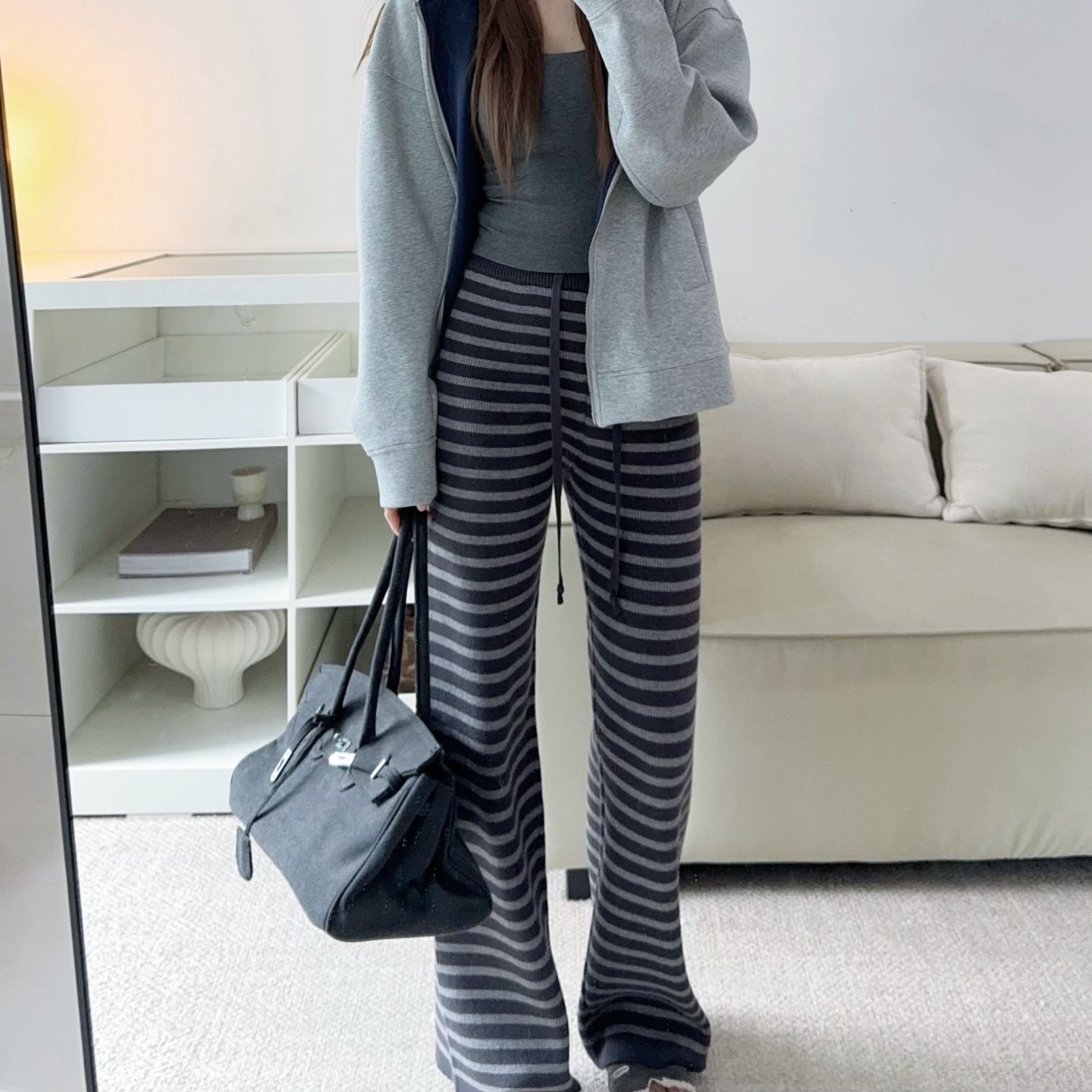 軟糯針織加厚條紋寬褲-25673