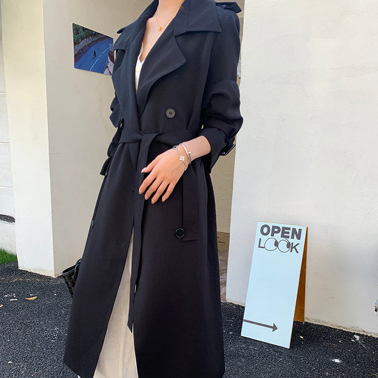 許我耀眼黑色繫帶長風衣-25644