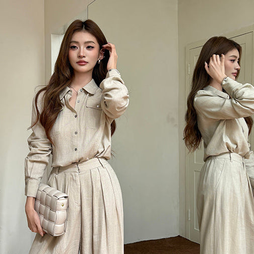 氣質亞麻口袋襯衫-25659