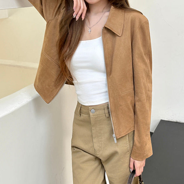 深卡其牛皮絨拉鏈皮外套-25656