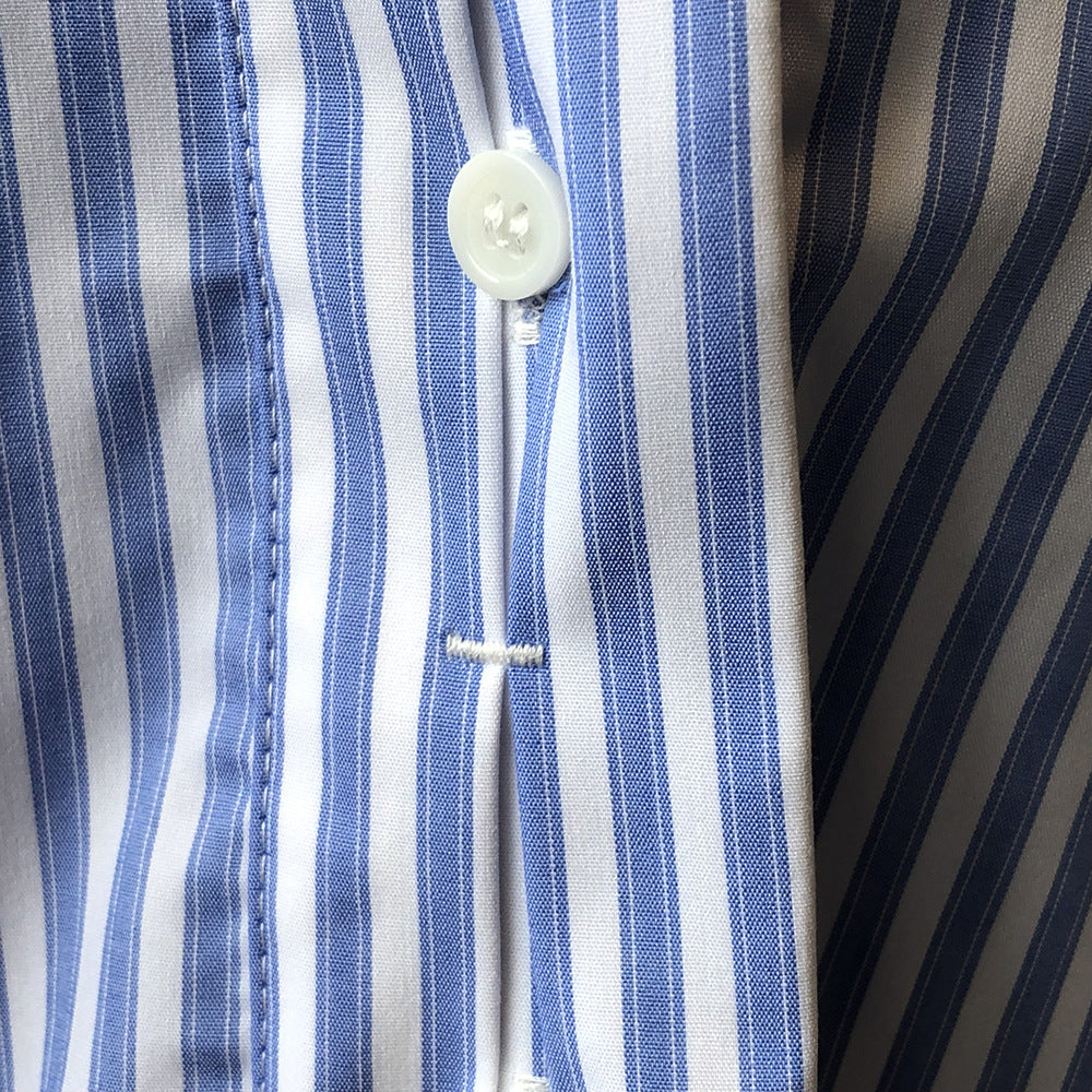 藍白直紋立領修身襯衫-23396