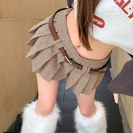 卡其千鳥格紋百褶裙-25556