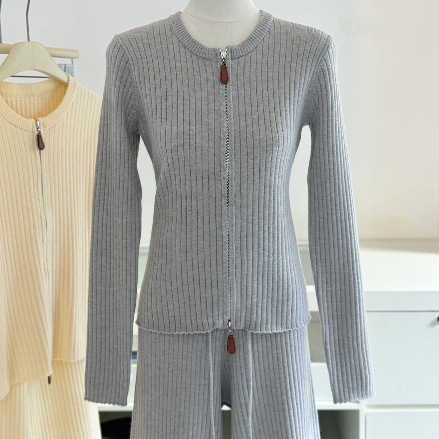 拉鍊坑條針織外套鬆緊高腰直筒長褲套裝-25676