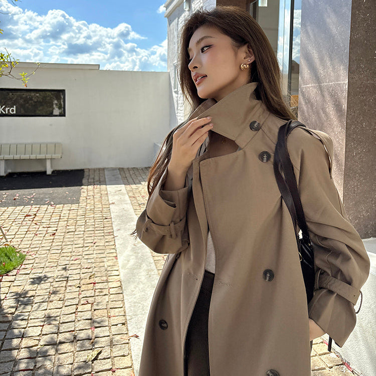 倫敦人寬鬆繫帶過膝長版風衣大衣-25654