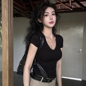 薄款V領親膚短袖T恤-25480
