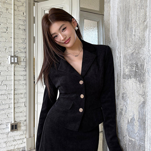 黑色小香風金扣收腰修身西外-25643