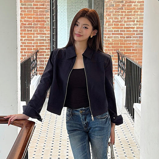 海藍翻領工裝短版棉夾克-25684