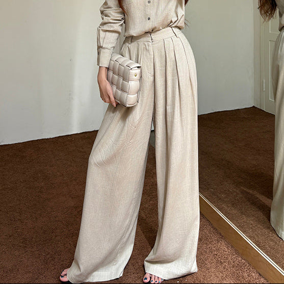 亞麻直紋落地寬褲-25658