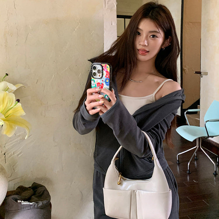 深灰絨面連帽外套垂感直筒褲兩件套-25630