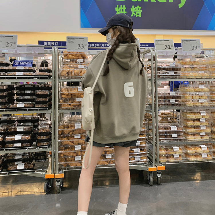 GOOD LUCK美式復古加絨連帽衛衣-25629