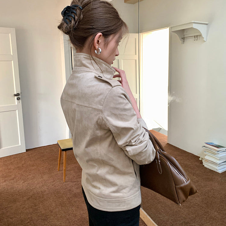 美式懷舊牛皮絨短夾克-25651