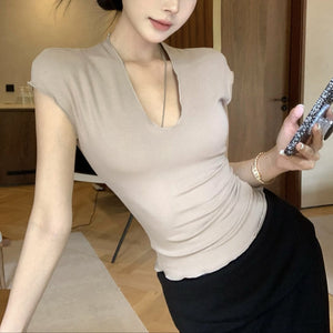深U領緊身小飛袖彈力上衣-25481
