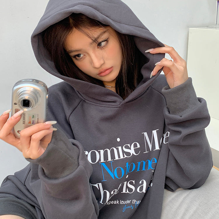 Promise Me深灰加絨連帽衛衣-25633