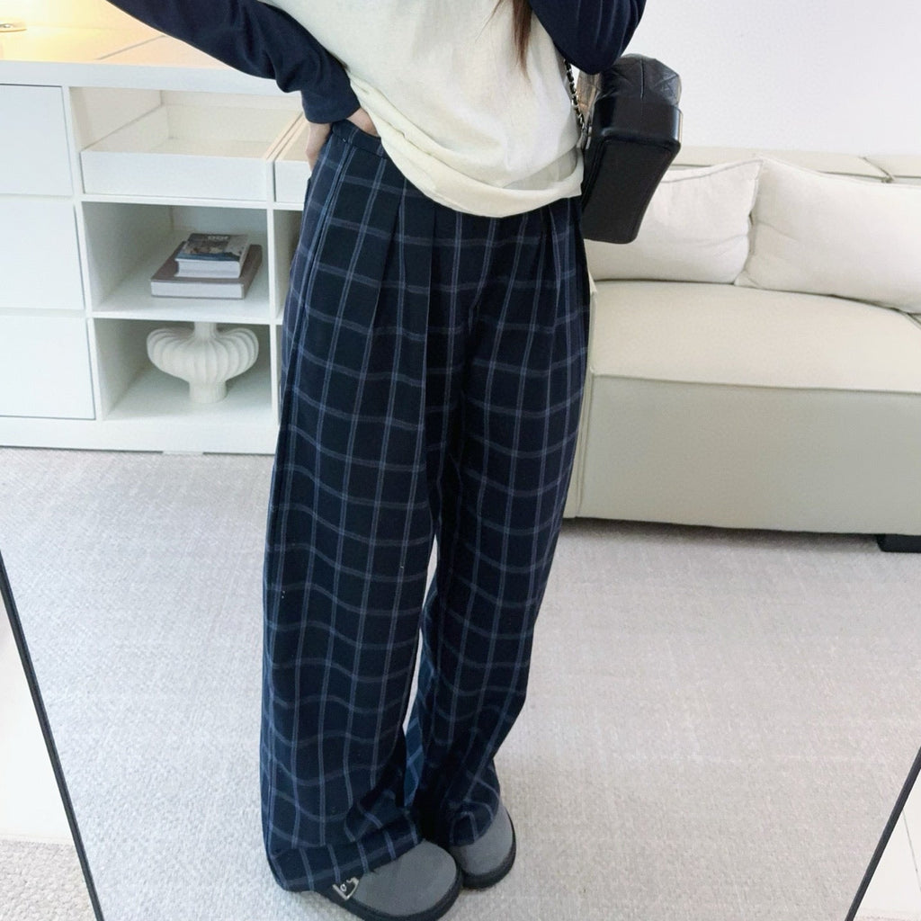 藍格紋後鬆緊顯瘦寬褲-25670