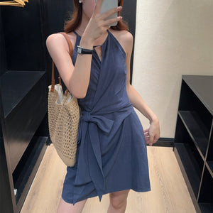 甜美淘氣掛脖交叉綁帶背心短洋-25317