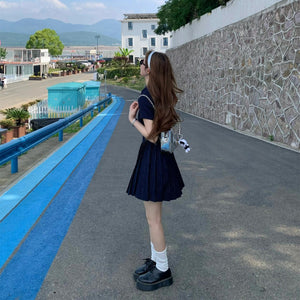 上流小姐深藍條紋Polo領百褶短洋-25313