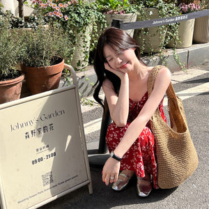 紅色碎花海邊度假沙灘長洋-25300