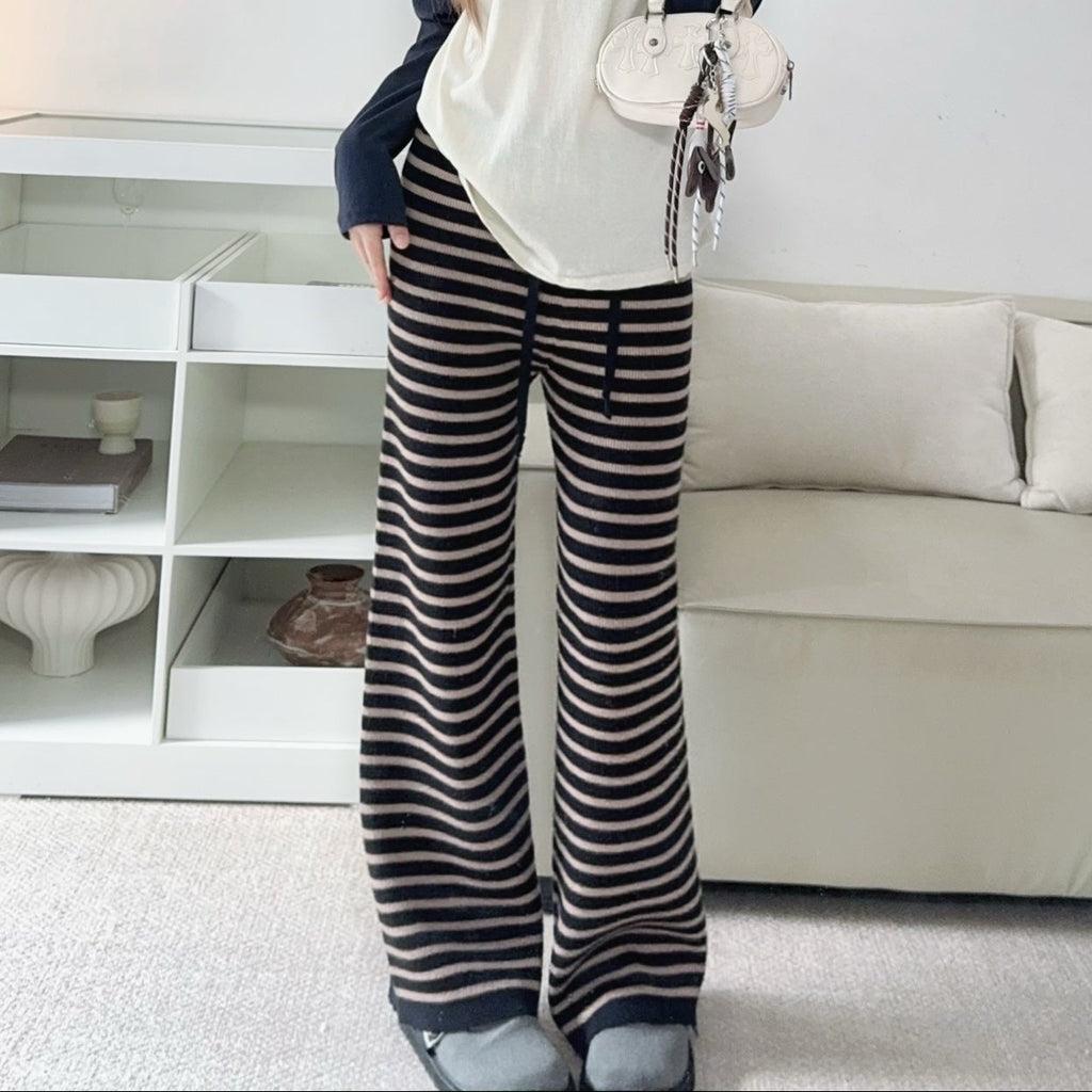 軟糯針織加厚條紋寬褲-25673