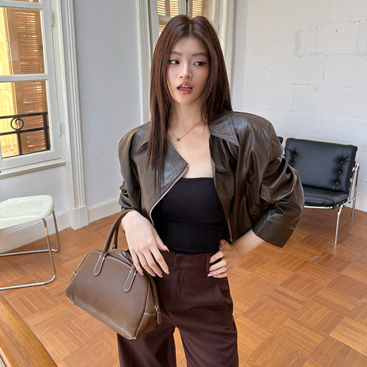 辣妹棕色PU皮夾克-25665
