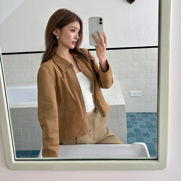 深卡其牛皮絨拉鏈皮外套-25656