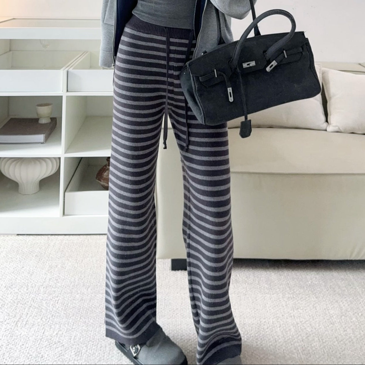 軟糯針織加厚條紋寬褲-25673