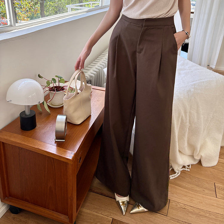 咖色高腰寬鬆落地西裝褲-25649