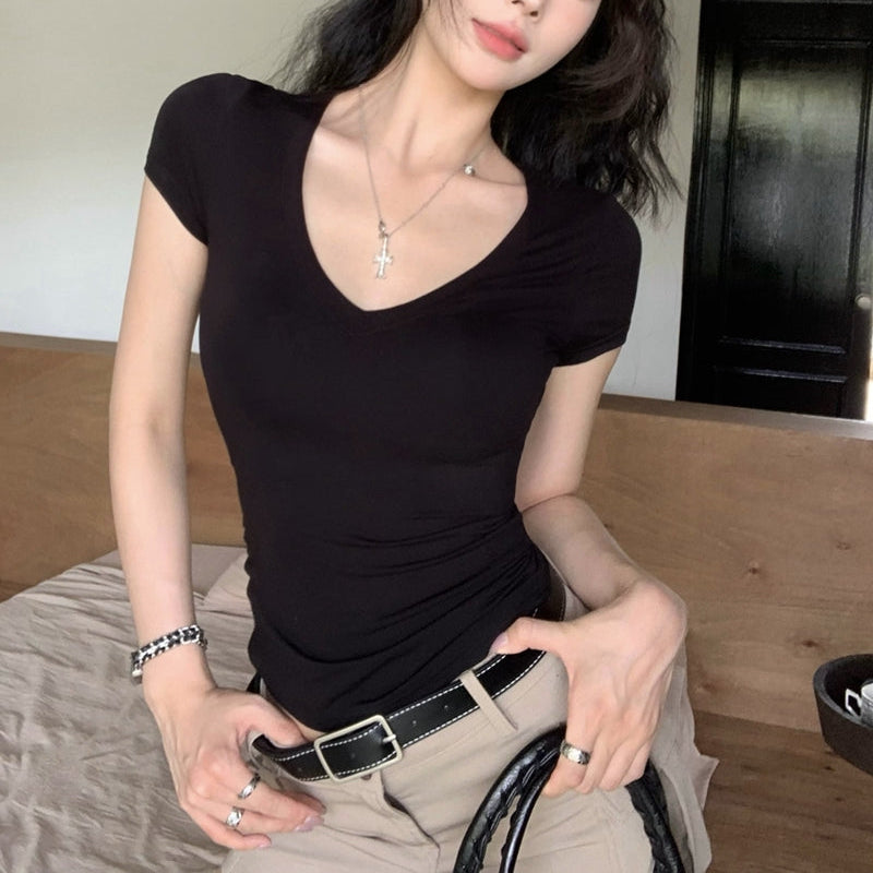 薄款V領親膚短袖T恤-25480
