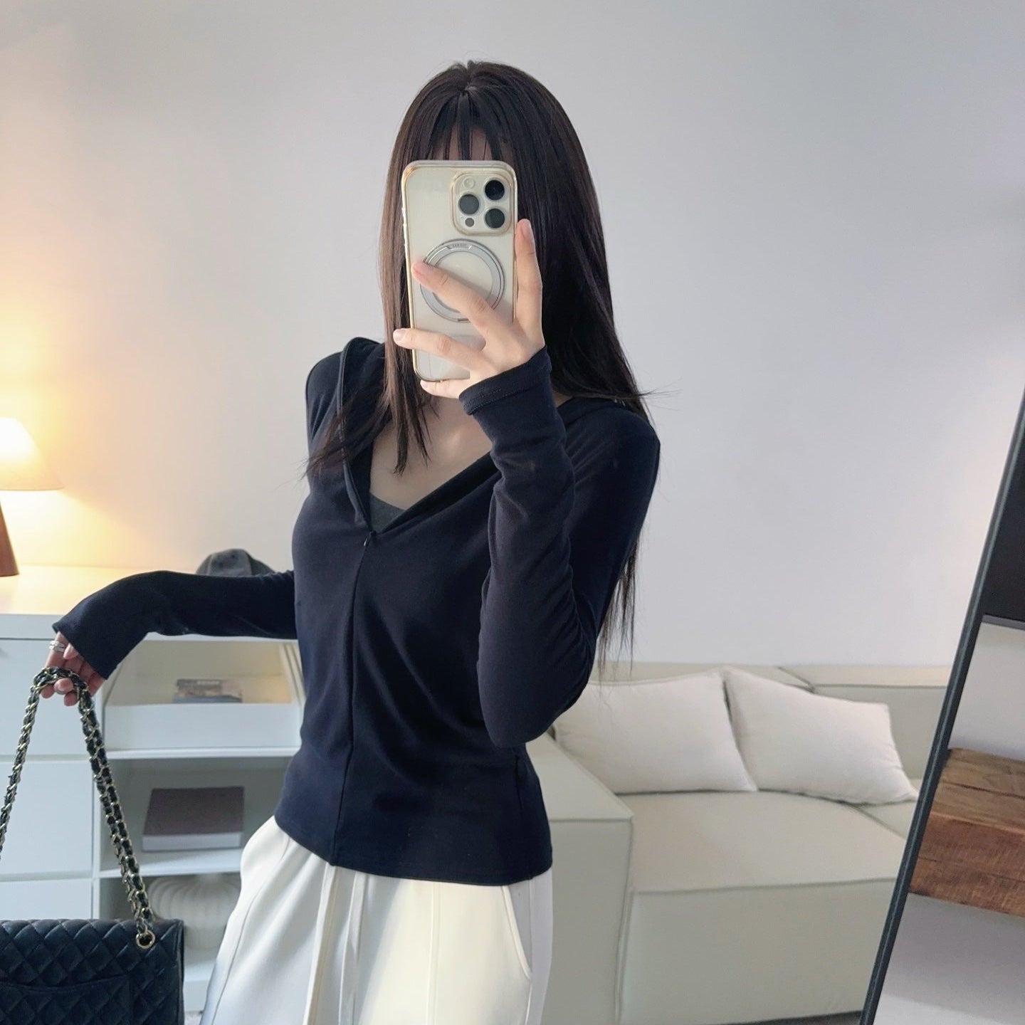 修身顯瘦半門襟連帽上衣-25615