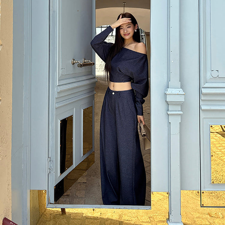 靛藍格調落地寬褲-25646