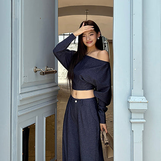 靛藍一字肩露腰上衣-25645