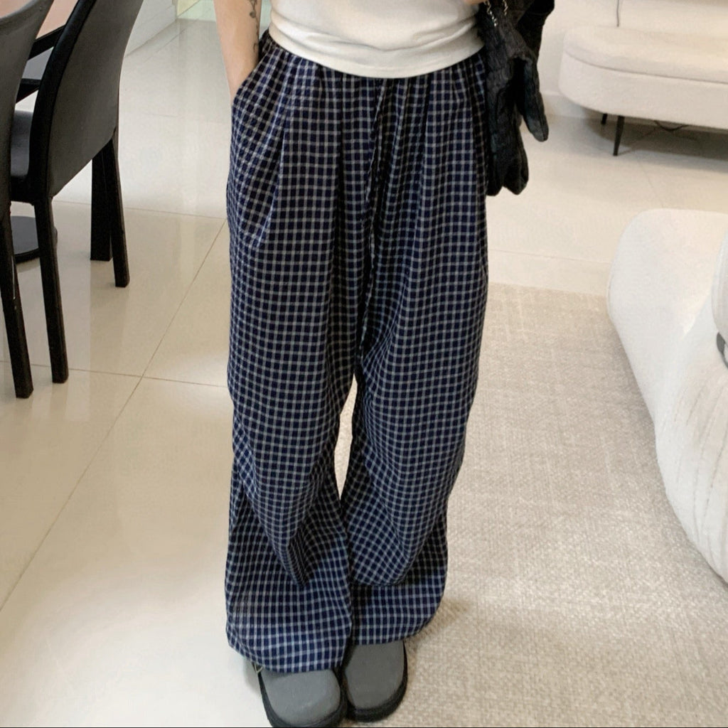 深藍格紋休閒直筒褲-25581