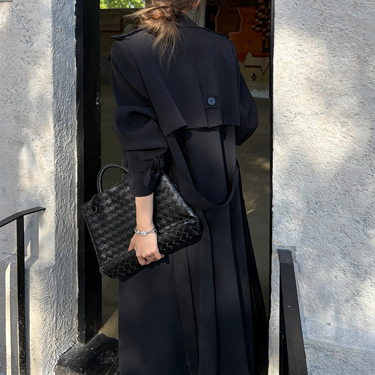 許我耀眼黑色繫帶長風衣-25644