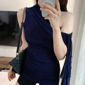 女人香深藍飄帶露肩上衣-25578