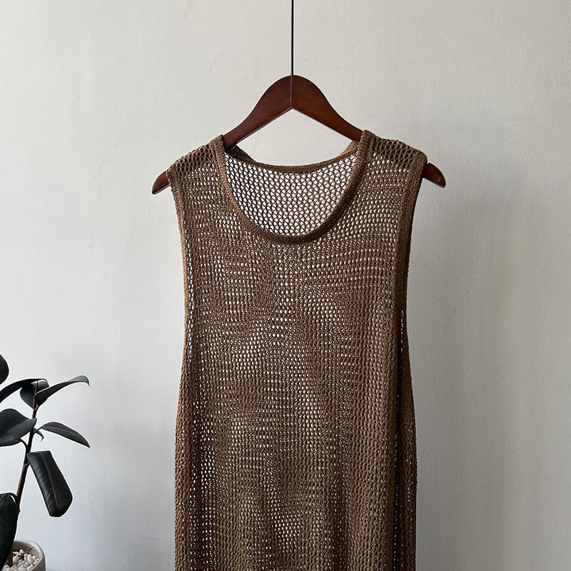 鏤空織網開衩長罩衫-23261