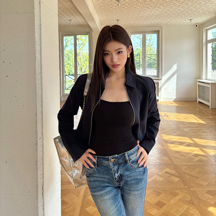 海藍翻領工裝短版棉夾克-25684