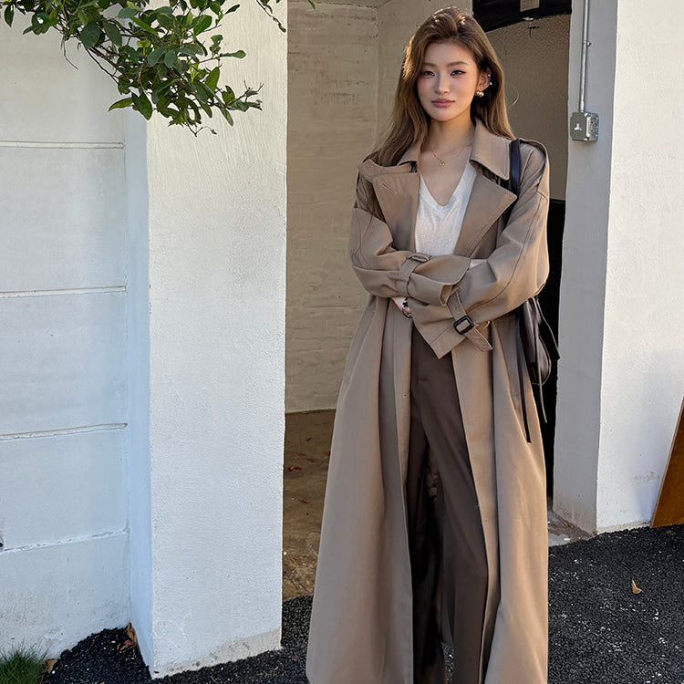 倫敦人寬鬆繫帶過膝長版風衣大衣-25654