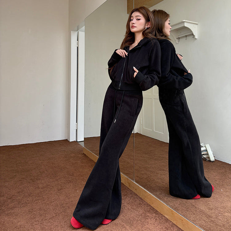 黑廠潮流搖粒絨連帽外套微喇褲兩件套-25640