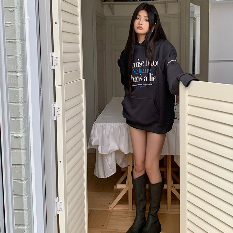 Promise Me深灰加絨連帽衛衣-25633