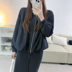 桑蠶絲羊毛連帽外套垂感開衩長裙套裝-25603