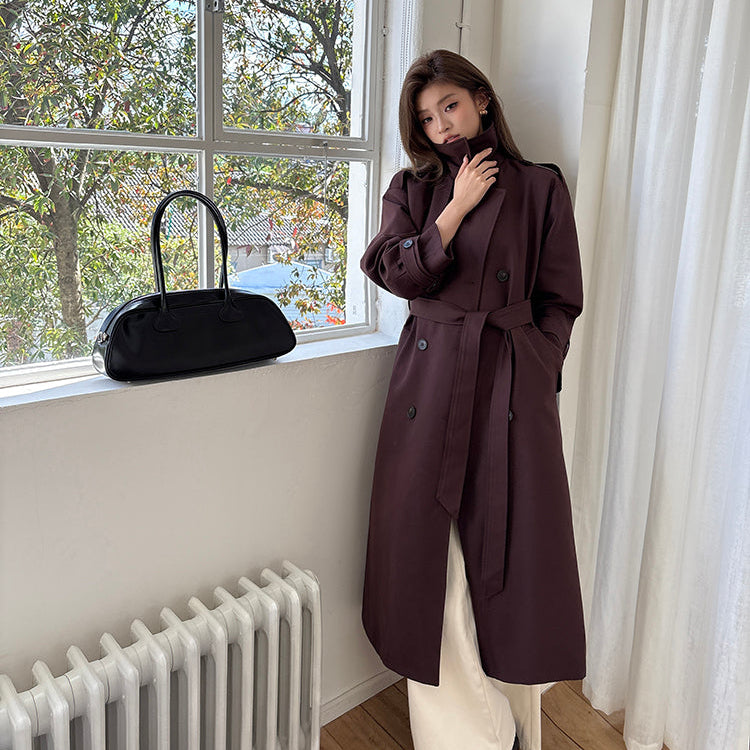 棕紅高級感雙排扣中長風衣-25652